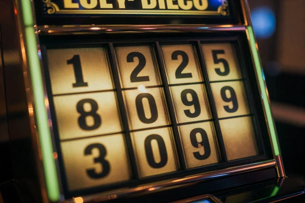 Goldene Slot-Maschine Jackpot-Anzeige mit siebenstelliger Summe im dunklen Casino bei Golisimo Online Slots