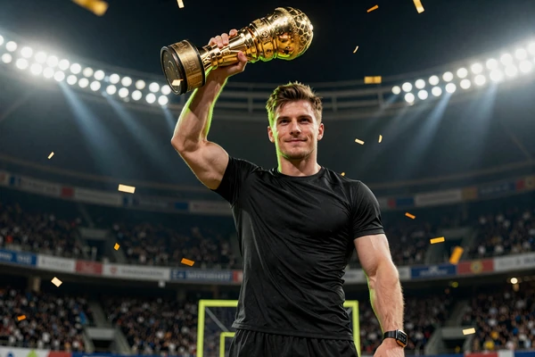 Siegreicher Spieler h&auml;lt goldenen Troph&auml;e unter Stadionflutlicht mit konfetti im Golisimo Casino Bonus