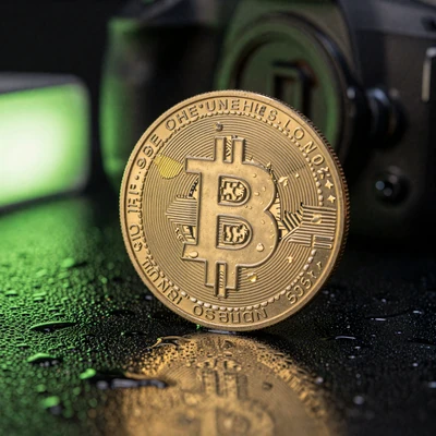 Leuchtende goldene Tether USDT M&uuml;nze auf nassem dunklem Untergrund mit lime-gr&uuml;nem Neonlicht im Golisimo Krypto-Bonus