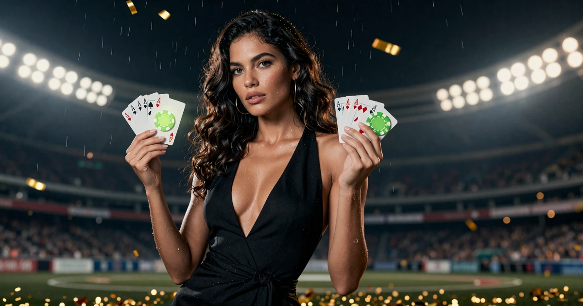 Model in elegantem schwarzem Kleid mit Spielkarten und leuchtendem lime-gr&uuml;nem Casino Chip im Golisimo Casino Bonus Hero