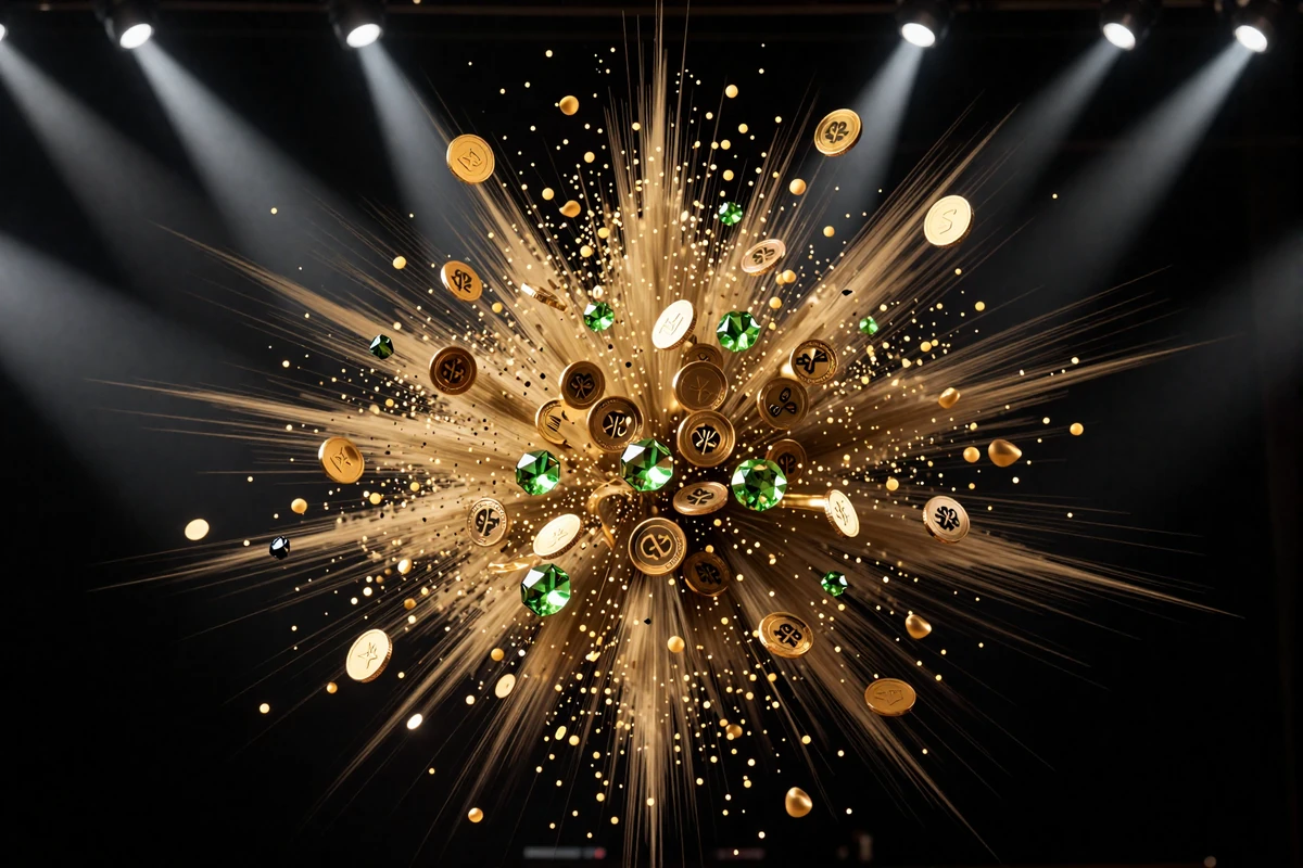 Goldene M&uuml;nzen und lime-gr&uuml;ne Edelsteine explodieren auf schwarzem Hintergrund mit Stadionflutlicht bei Golisimo Online Slots