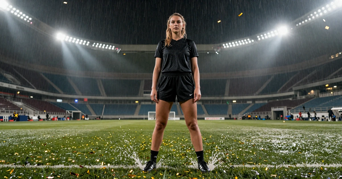 Model in Sportbekleidung auf regennassem Fu&szlig;ballplatz bei Nacht unter Stadionflutlicht im Golisimo Casino